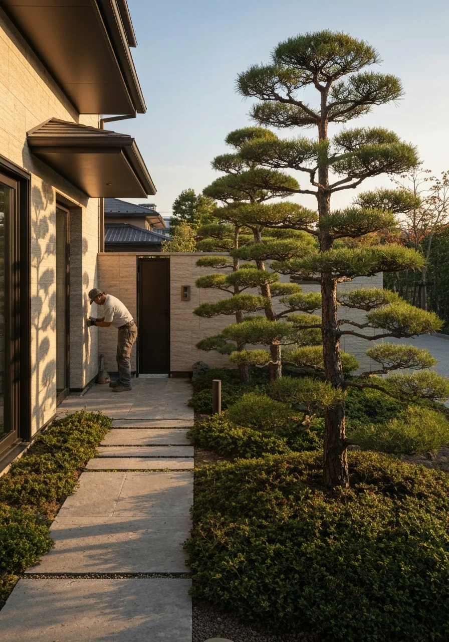 砂利敷きの庭に植わる低木と景石を含む管理後の落ち着いた庭の一角