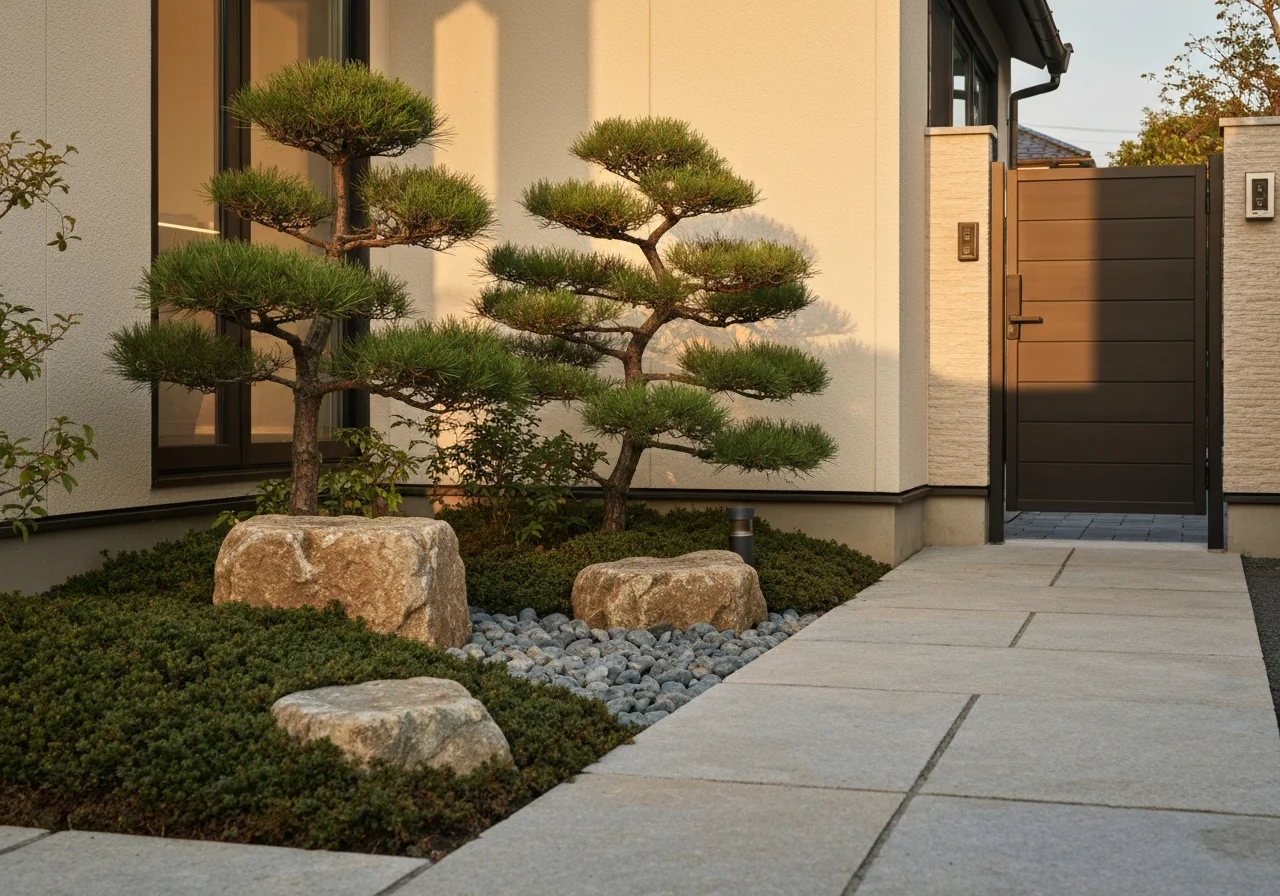 門まわりの植栽と外構を一緒に整えた住宅の写真